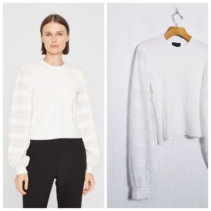 Club Monaco White Knit Pullover Womens Size S Woven Sleeve Crewneck Classic Top